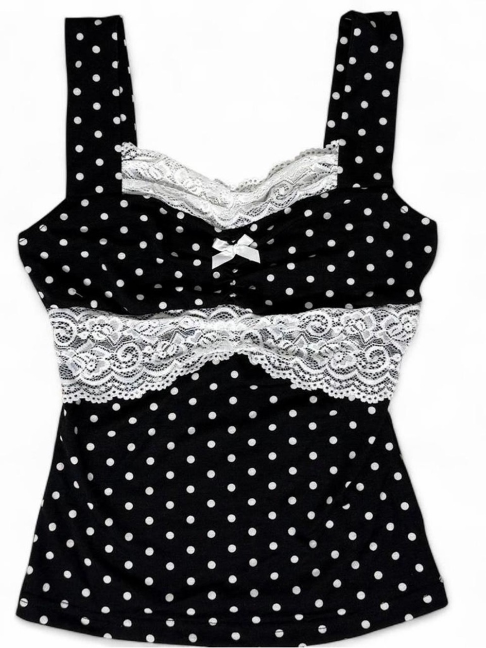 Black White Polka Dot Lace Tank XS Coquette Brandy Melville Style Preppy Bow Top